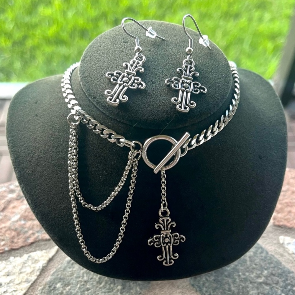 Cuban chain stainless steel with dangly cross gothic charm choker necklace set - Picture 9 of 12